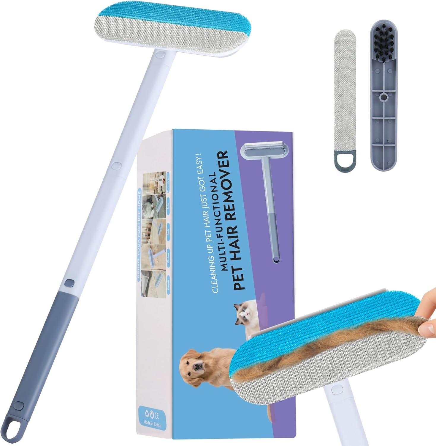 Pet Hair Remover for Furniture – 23.2Inch Reusable Dog & Cat Hair Removal Brush, Washable Lint Cleaner with Long Handle, 4-In-1 Pet Hair Remover for Couch, Carpet, Clothes & Bedding