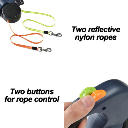 Dual Pet Leash Retractable Reflective Lead 360 Swivel Double Dog Walking Leash