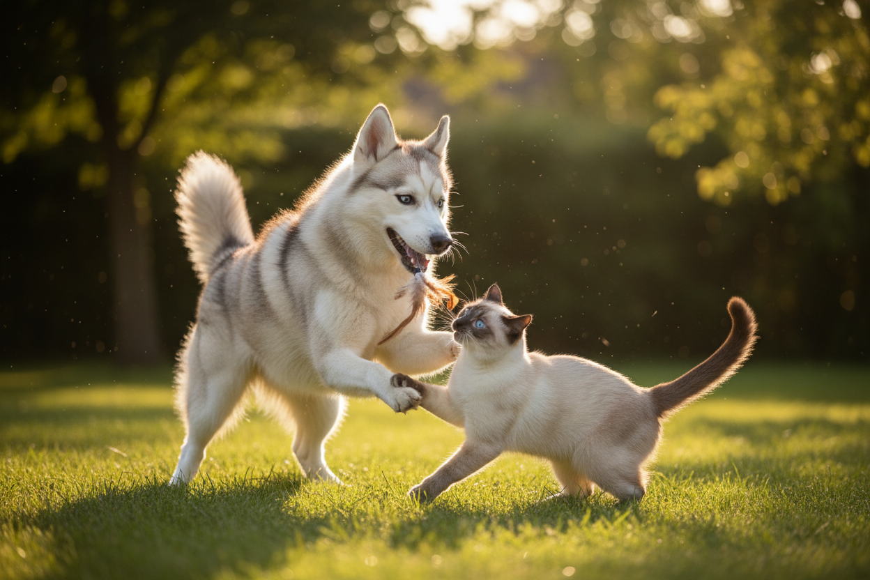 Husky y Siamés jugando