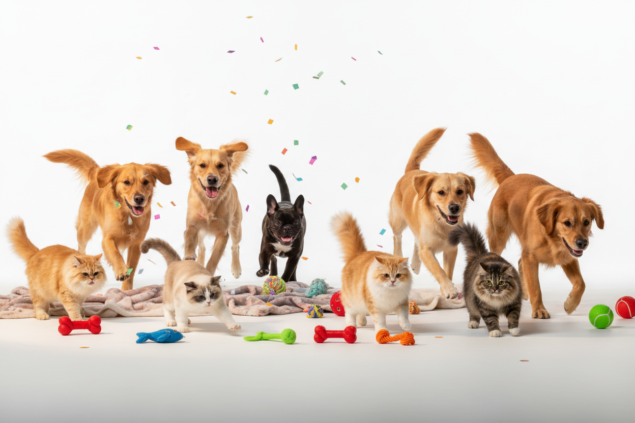 Perros y gatos jugando felices