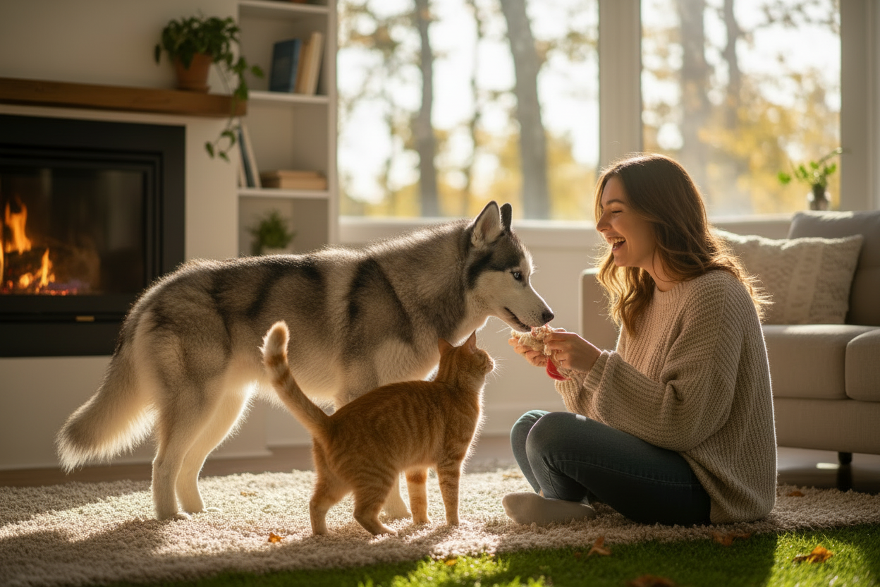 Persona con Husky Siberiano y Maine Coon